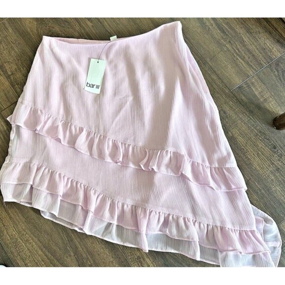 Bar III Women's Tiered Ruffled Asymmetrical Mini Skirt Smooth sheer Light Pink 0 - Picture 2 of 5